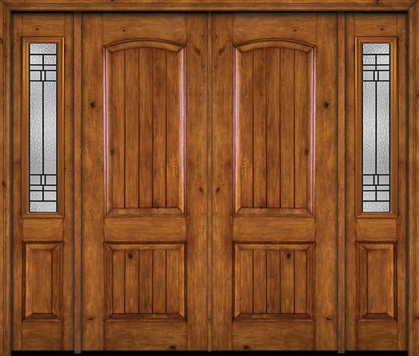 WDMA 84x96 Door (7ft by 8ft) Exterior Knotty Alder 96in Alder Rustic V-Grooved Panel Double Entry Door Sidelights Pembrook Glass 1