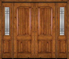 WDMA 84x96 Door (7ft by 8ft) Exterior Knotty Alder 96in Alder Rustic V-Grooved Panel Double Entry Door Sidelights Pembrook Glass 1