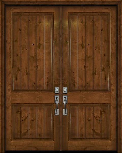 WDMA 84x96 Door (7ft by 8ft) Exterior Knotty Alder 42in x 96in Double 2 Panel V-Grooved Estancia Alder Door 1