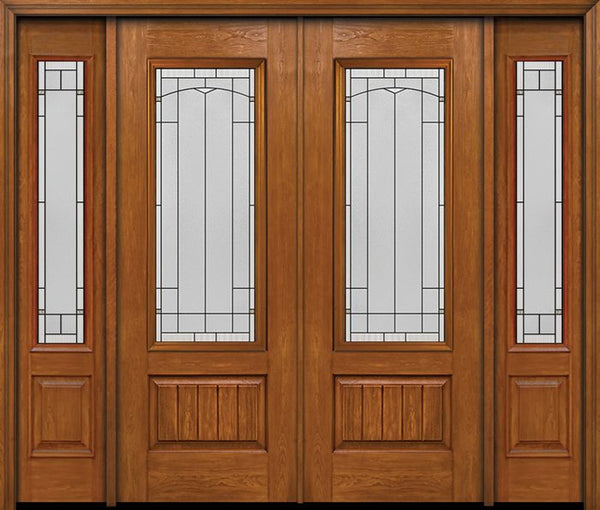 WDMA 84x96 Door (7ft by 8ft) Exterior Cherry 96in Plank Panel 3/4 Lite Double Entry Door Sidelights Topaz Glass 1