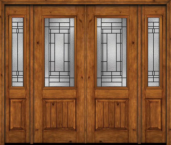 WDMA 84x96 Door (7ft by 8ft) Exterior Knotty Alder 96in Alder Rustic V-Grooved Panel 2/3 Lite Double Entry Door Sidelights Pembrook Glass 1