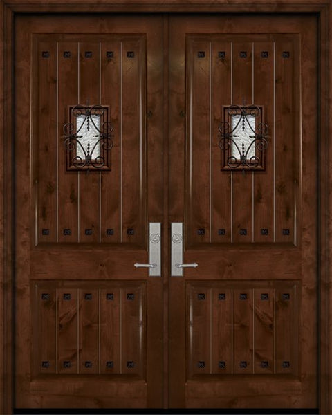 WDMA 84x96 Door (7ft by 8ft) Exterior Knotty Alder 42in x 96in Double 2 Panel V-Grooved Estancia Alder Door with Speakeasy / Clavos 1