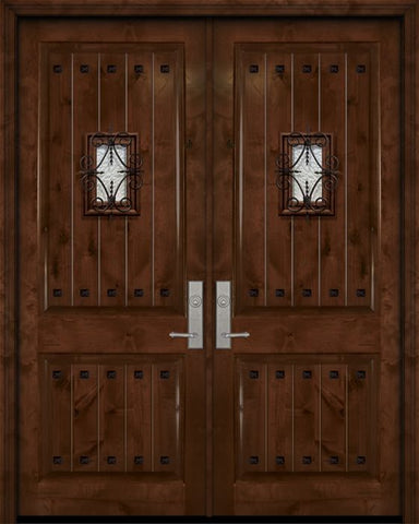 WDMA 84x96 Door (7ft by 8ft) Exterior Knotty Alder 42in x 96in Double 2 Panel V-Grooved Estancia Alder Door with Speakeasy / Clavos 1