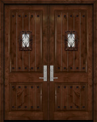WDMA 84x96 Door (7ft by 8ft) Exterior Knotty Alder 42in x 96in Double 2 Panel V-Grooved Estancia Alder Door with Speakeasy / Clavos 1