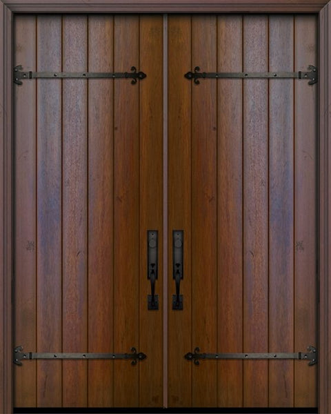 WDMA 84x96 Door (7ft by 8ft) Exterior Swing Mahogany 42in x 96in Double Square Top Plank Portobello Door with Straps 1