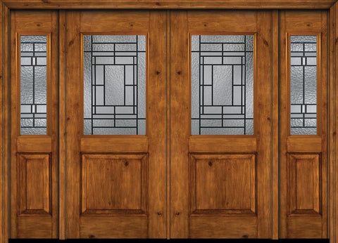 WDMA 88x80 Door (7ft4in by 6ft8in) Exterior Cherry Alder Rustic Plain Panel 1/2 Lite Double Entry Door Sidelights Pembrook Glass 1