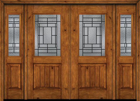 WDMA 88x80 Door (7ft4in by 6ft8in) Exterior Cherry Alder Rustic V-Grooved Panel 1/2 Lite Double Entry Door Sidelights Pembrook Glass 1