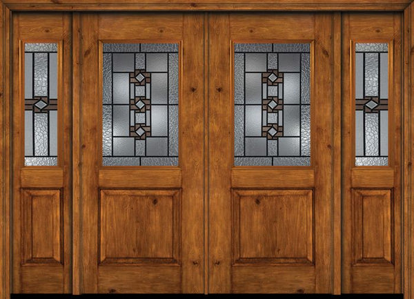 WDMA 88x80 Door (7ft4in by 6ft8in) Exterior Cherry Alder Rustic Plain Panel 1/2 Lite Double Entry Door Sidelights Mission Ridge Glass 1