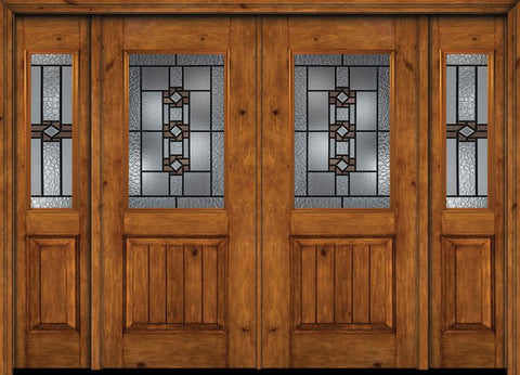 WDMA 88x80 Door (7ft4in by 6ft8in) Exterior Cherry Alder Rustic V-Grooved Panel 1/2 Lite Double Entry Door Sidelights Mission Ridge Glass 1