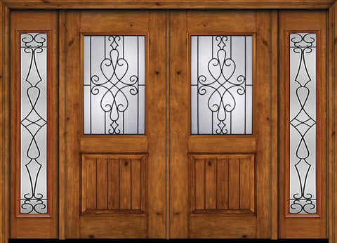 WDMA 88x80 Door (7ft4in by 6ft8in) Exterior Cherry Alder Rustic V-Grooved Panel 1/2 Lite Double Entry Door Sidelights Full Lite Wyngate Glass 1