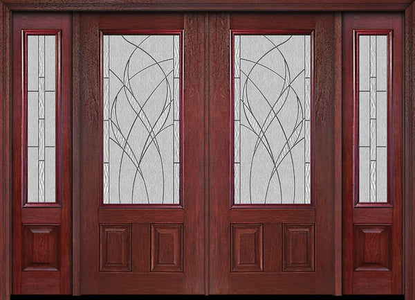 WDMA 88x80 Door (7ft4in by 6ft8in) Exterior Cherry 3/4 Lite Two Panel Double Entry Door Sidelights Waterside Glass 1