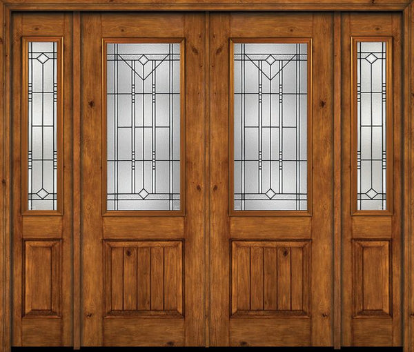WDMA 88x96 Door (7ft4in by 8ft) Exterior Knotty Alder 96in Alder Rustic V-Grooved Panel 2/3 Lite Double Entry Door Sidelights Riverwood Glass 1