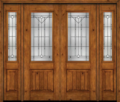 WDMA 88x96 Door (7ft4in by 8ft) Exterior Knotty Alder 96in Alder Rustic V-Grooved Panel 2/3 Lite Double Entry Door Sidelights Riverwood Glass 1