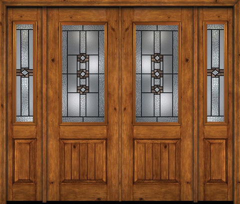 WDMA 88x96 Door (7ft4in by 8ft) Exterior Knotty Alder 96in Alder Rustic V-Grooved Panel 2/3 Lite Double Entry Door Sidelights Mission Ridge Glass 1