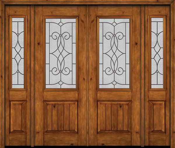 WDMA 88x96 Door (7ft4in by 8ft) Exterior Knotty Alder 96in Alder Rustic V-Grooved Panel 2/3 Lite Double Entry Door Sidelights Ashbury Glass 1