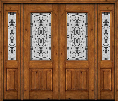 WDMA 88x96 Door (7ft4in by 8ft) Exterior Knotty Alder 96in Alder Rustic V-Grooved Panel 2/3 Lite Double Entry Door Sidelights Jacinto Glass 1