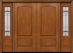 WDMA 96x80 Door (8ft by 6ft8in) Exterior Cherry Two Panel Camber Double Entry Door Sidelights Greenfield Glass 1