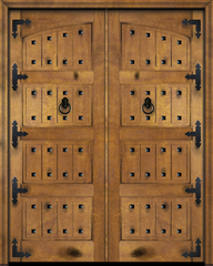 WDMA 96x96 Door (8ft by 8ft) Exterior Swing Mahogany Arch Top 4 Panel V-Grooved Plank Rustic-Old World or Interior Double Door with Corner Straps and Clavos 1