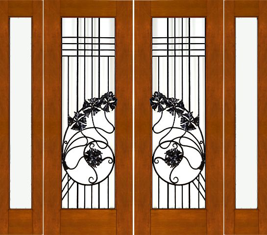 WDMA 96x96 Door (8ft by 8ft) Exterior Mahogany Double 2-1/4 Art Nouveau Doors Sidelights Low-E Iron Work 1