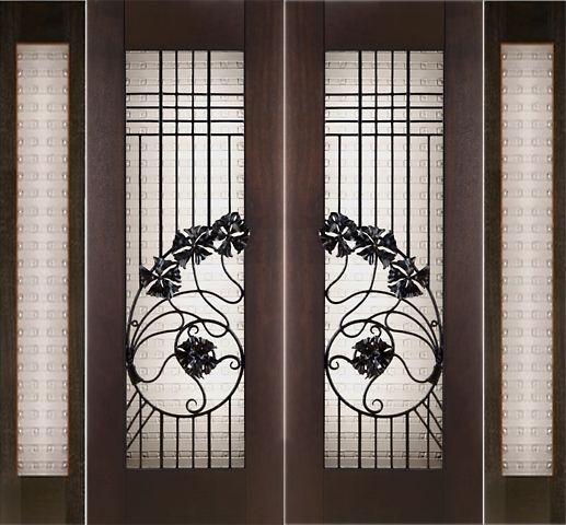 WDMA 96x96 Door (8ft by 8ft) Exterior Mahogany Double 2-1/4in Thick Art Nouveau Doors Sidelights Art Glass Iron Work 1