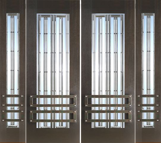 WDMA 96x96 Door (8ft by 8ft) Exterior Mahogany Double 2-1/4in Thick Doors Sidelights Art Glass Iron Work 1