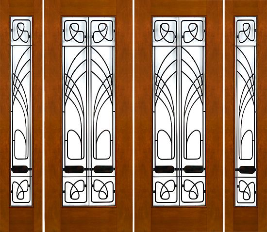 WDMA 96x96 Door (8ft by 8ft) Exterior Mahogany 2-1/4in Art Nouveau Double Doors Sidelights Low-E Iron Work 1