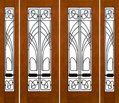 WDMA 96x96 Door (8ft by 8ft) Exterior Mahogany 2-1/4in Art Nouveau Double Doors Sidelights Low-E Iron Work 1