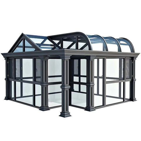 WDMA Customized Curved Glass Sunrooms With Triangle Roof garden House Grey Color